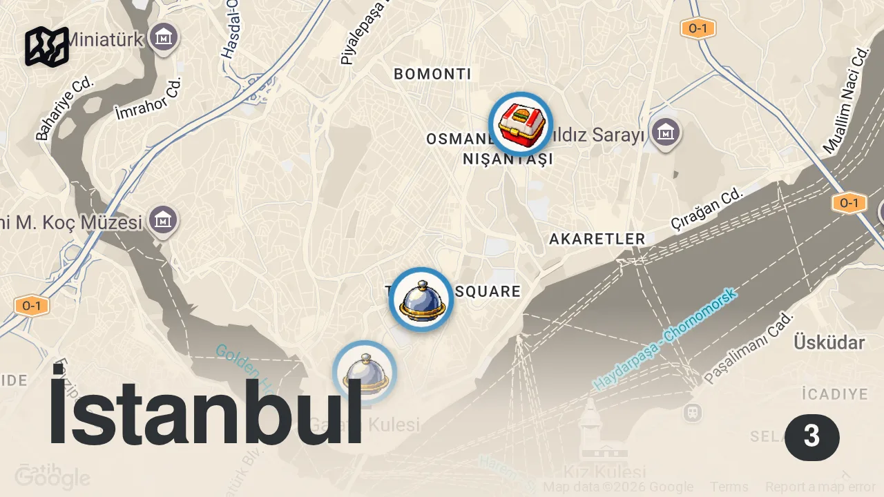 Map of 3 spots from Sinan Büdeyri ile İstanbul'da Lezzet Turu: Burger, sosisli, sucuk ekmek, çöp şiş ve Adana kebap