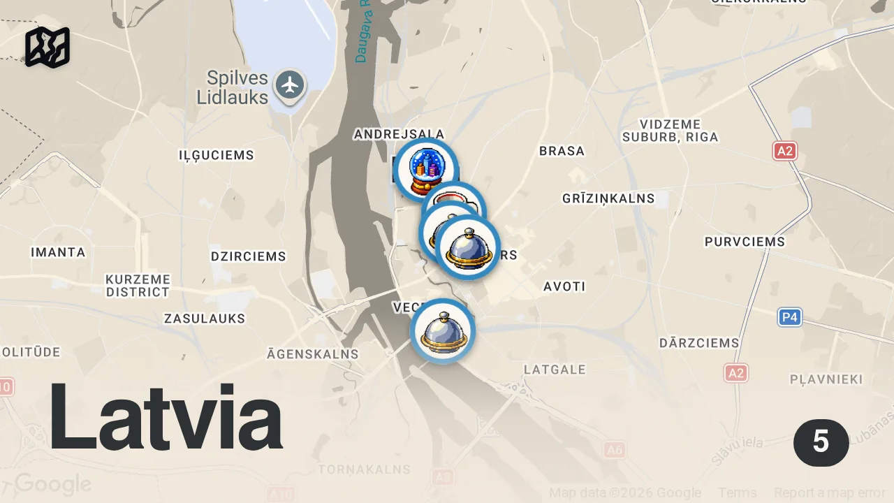 Map of 5 spots from EuroBasket 2025 için Riga'dayım! Türkiye - Almanya Finali, Geyik Eti ve dahası