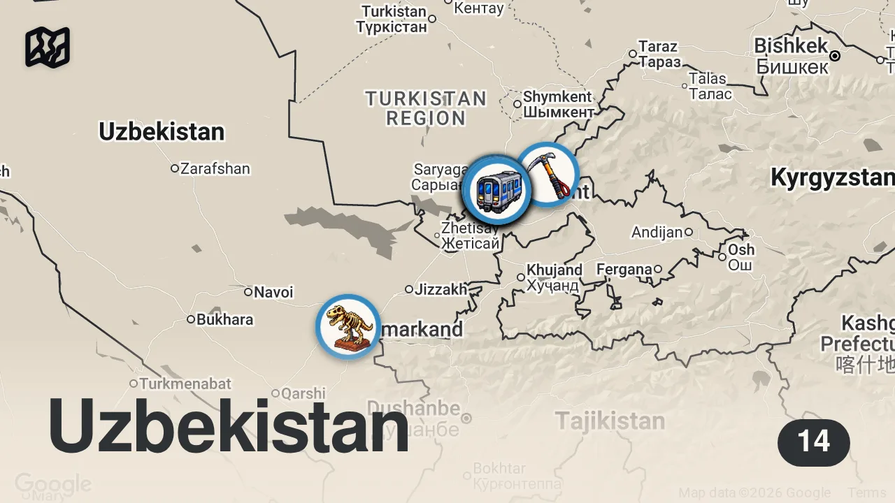 Map of 14 spots from Best Things To Do in Tashkent Uzbekistan Travel Guide 2026 4K