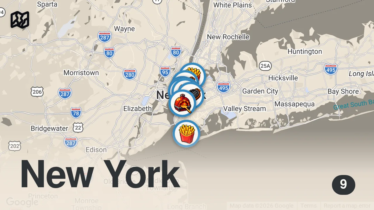 Map of 9 spots from 10 Iconic NYC Restaurants To Visit When Social Distancing Is Over | Legendary Eats Marathon