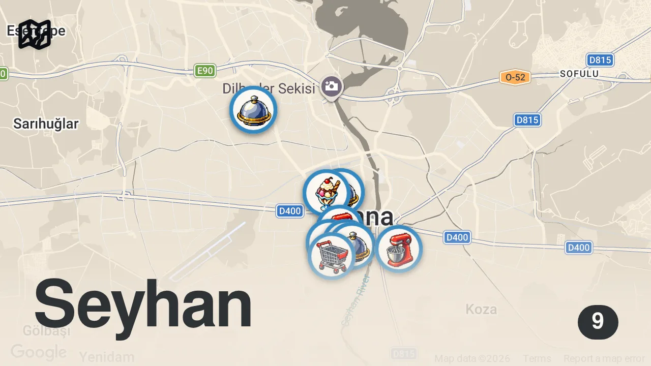 Map of 9 spots from Turkish Street Food!! KING OF KEBABS + 14 Hour Food Tour in Adana, Türkiye!