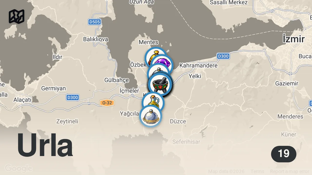 Map of 19 spots from URLA GASTRONOMİ REHBERİ - Ayaküstü Lezzetler