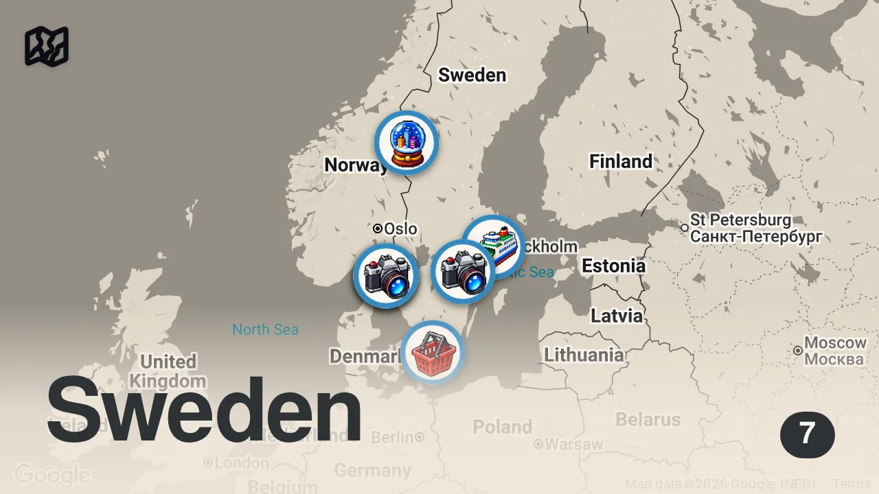 Map of 7 spots from Här är 5 underbara sommarresmål – i Sverige! - Nyhetsmorgon (TV4)