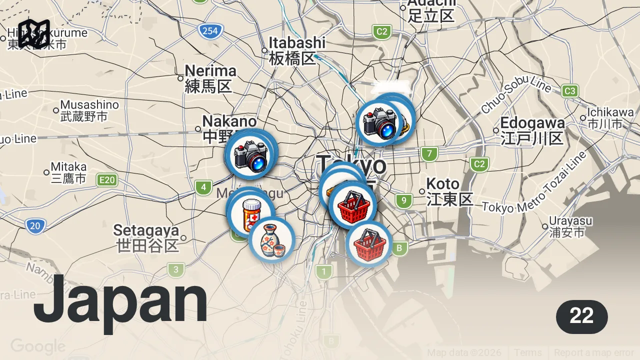 Map of 22 spots from TOKYO LEZZET REHBERİ | A5 Wagyu, Unagi, Ramen, Gyoza, Onigiri, Kaitenzushi, Tamagoyaki