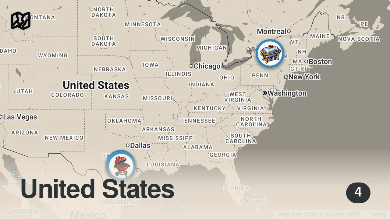 Map of 4 spots from Eating EVERY Michelin Star BBQ in Texas | ULTIMATE Texas BBQ Road Trip!