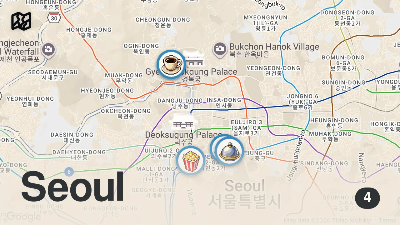 Map of 4 spots from Trying new foods in KOREA for 24 hours!🇰🇷🫰