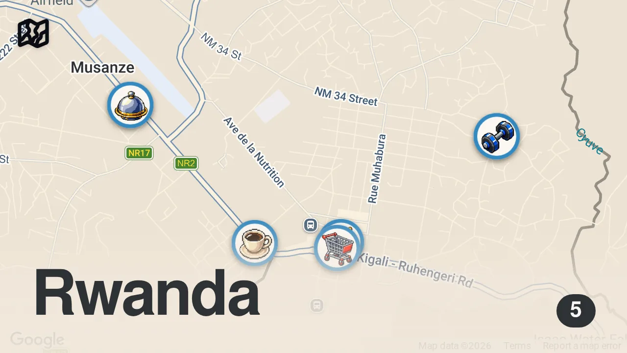 Map of 5 spots from Arriving In Africa's Cleanest & Safest Country - Rwanda ๐ท๐ผ