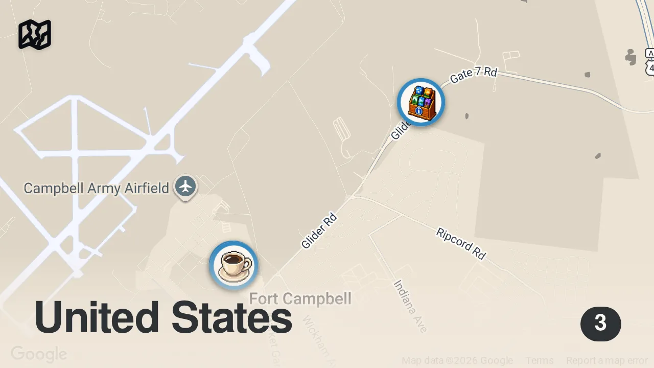 Map of 3 spots from Eating At A Restaurant With NO Reviews... on a MILITARY BASE