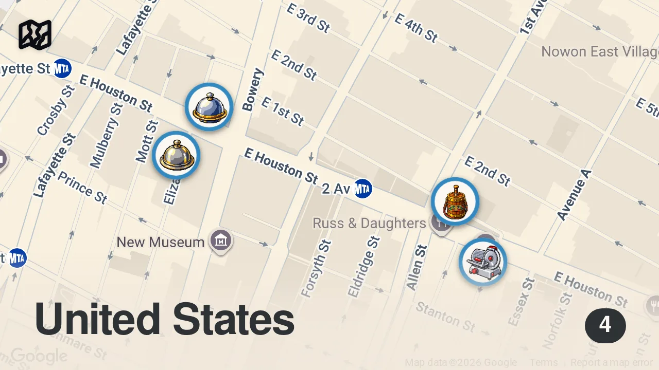 Map of 4 spots from Andy Samberg and Kate McKinnon Crack Each Other Up During a Chaotic Lunch — Let's Do Lunch