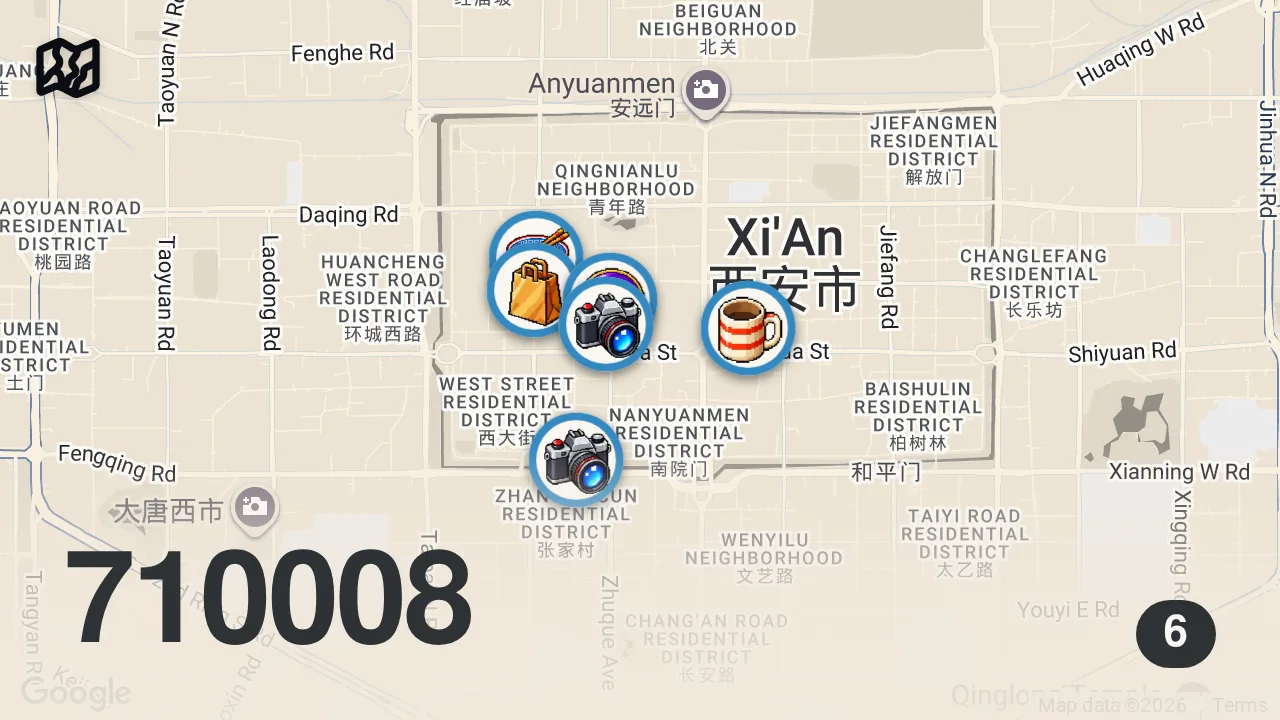 Map of 6 spots from China Street Food Heaven!! 14-Hour CHINESE FOOD TOUR in Xi’an, China!!