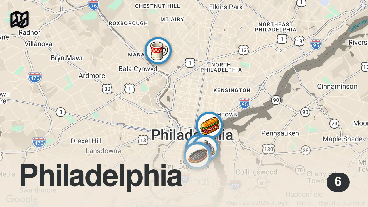 Map of 6 spots from Trying the BEST Cheesesteak in Philadelphia