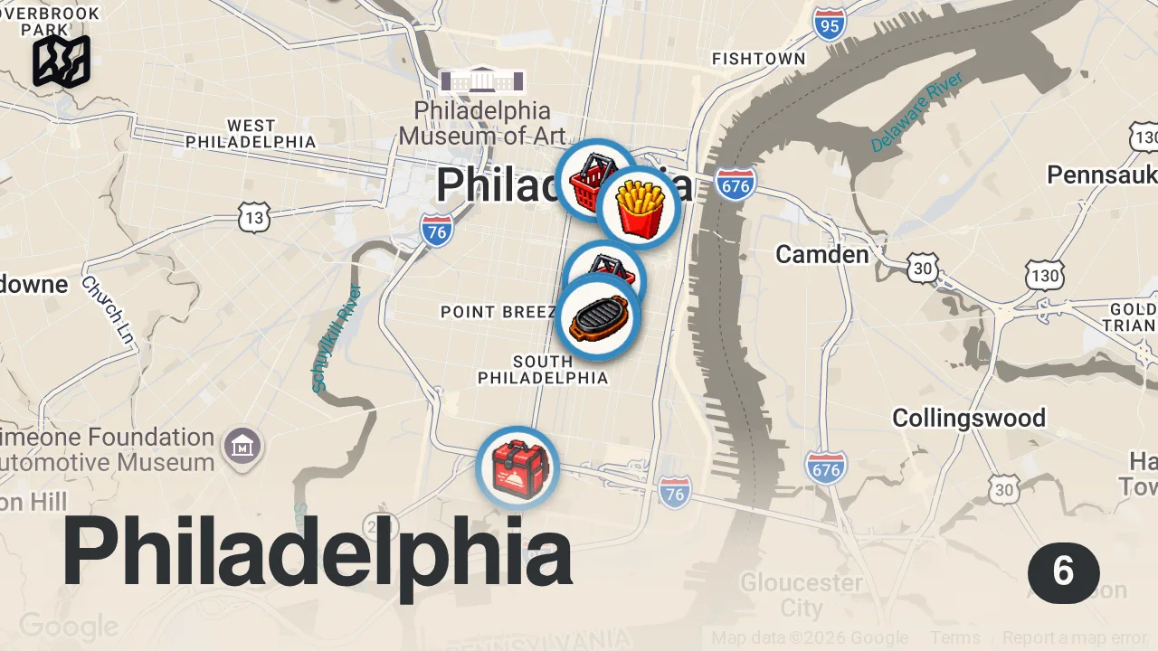 Map of 6 spots from What to Eat in Philadelphia