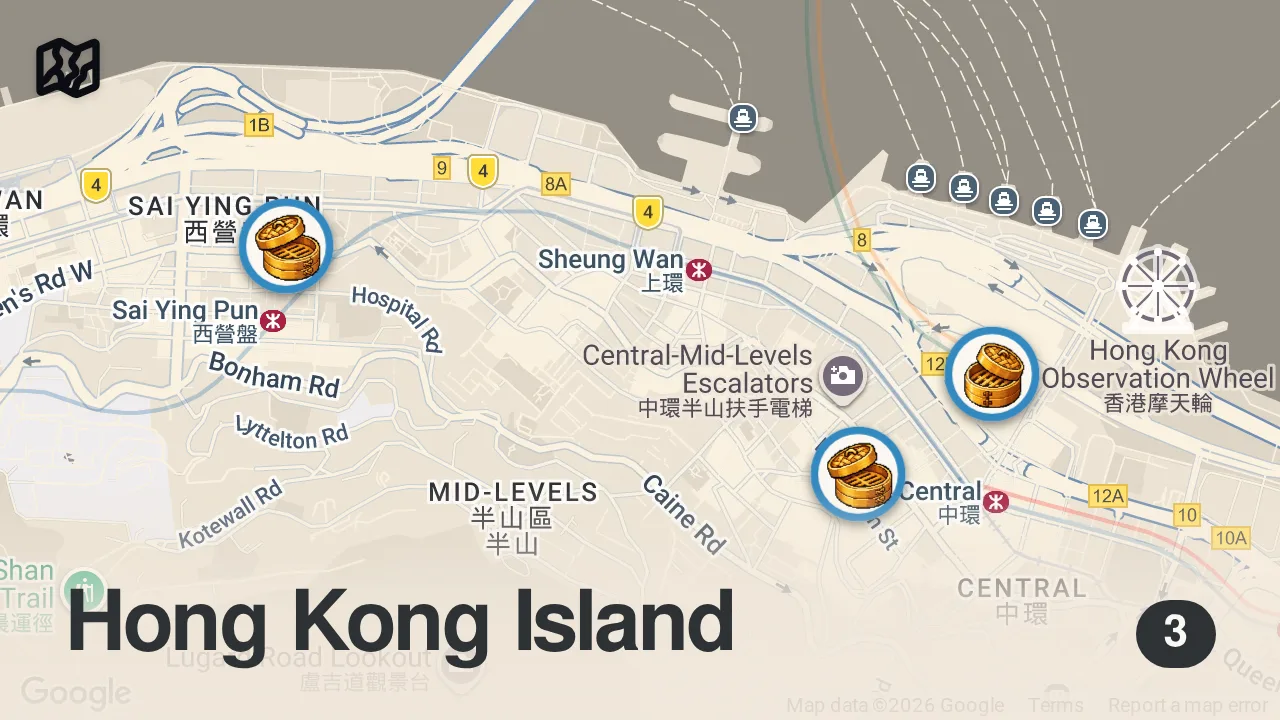 Map of 3 spots from Only eating Michelin Restaurants in Hong Kong for 24 hrs! 🇭🇰