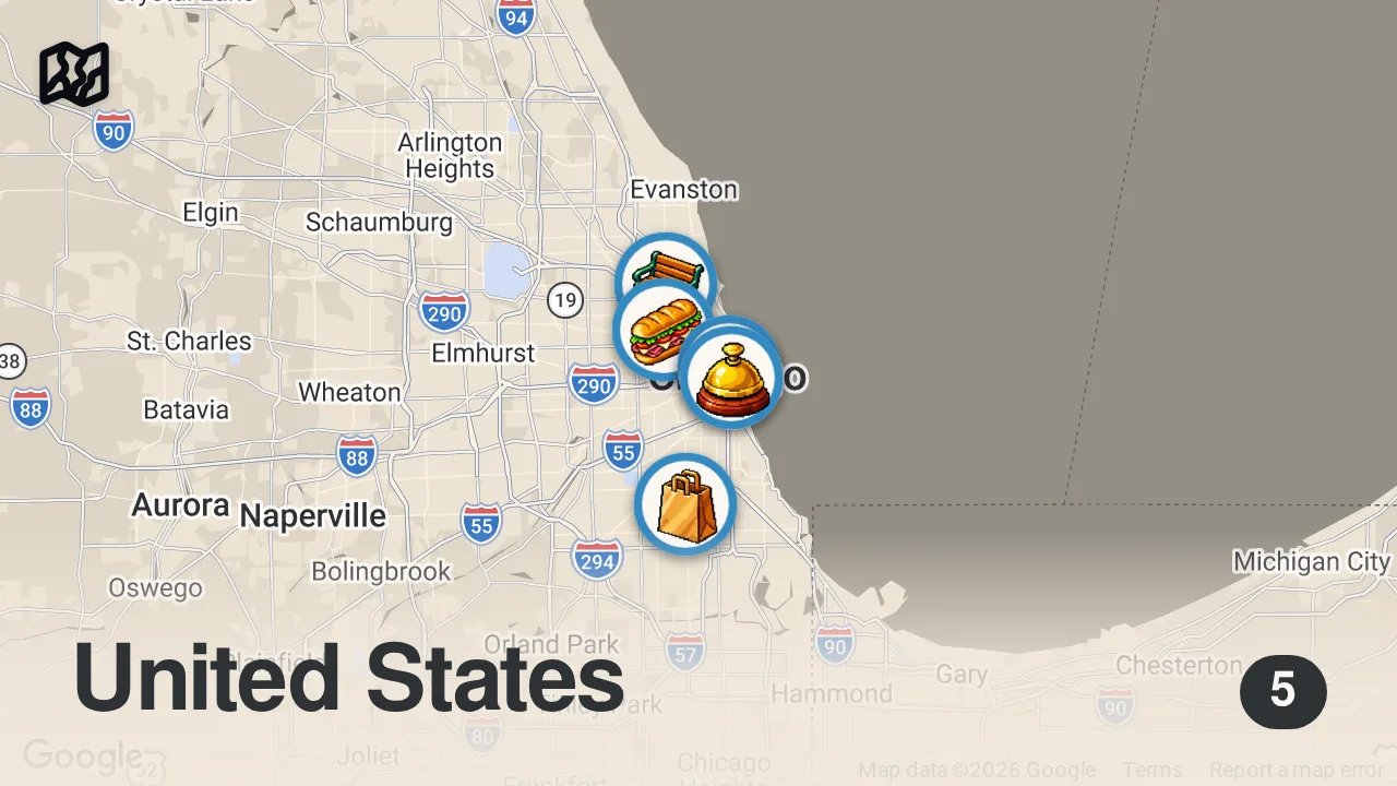 Map of 5 spots from 5 Foods Invented in Chicago (SURPRISING)!! Don’t Miss Eating in Chicago, USA!