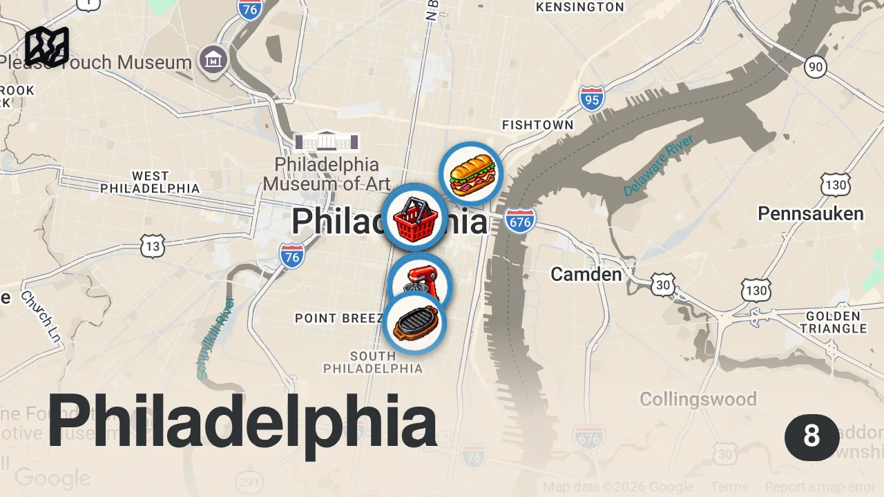 Map of 8 spots from 48 Hours Eating Philadelphia's BEST Food!