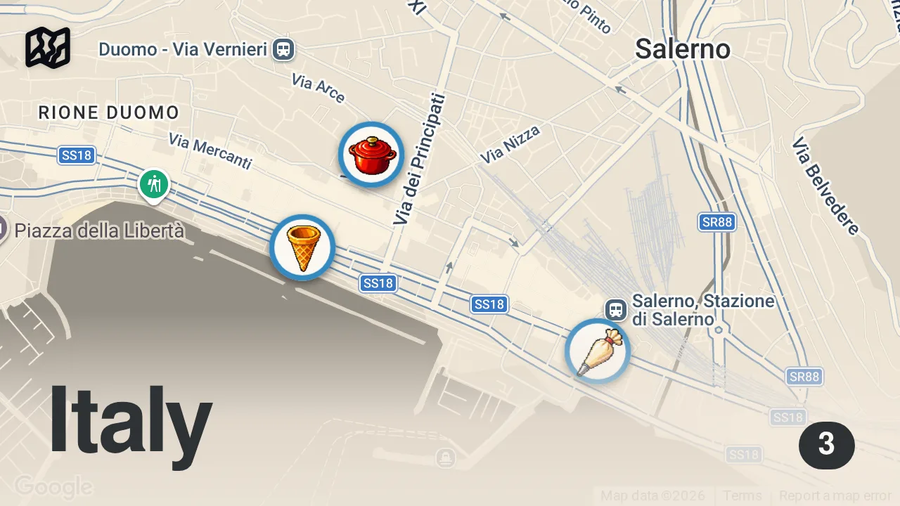 Map of 3 spots from Having lunch with ITALIAN FAMILY - Seafood + Italian Pastry - Italian street food in Salerno, Italy