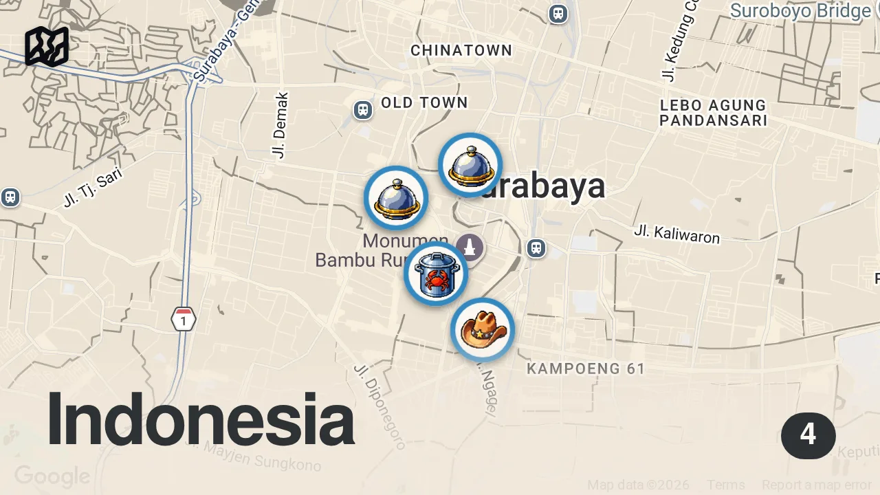 Map of 4 spots from Top 5 MUST-TRY Street Foods in Surabaya Indonesia!