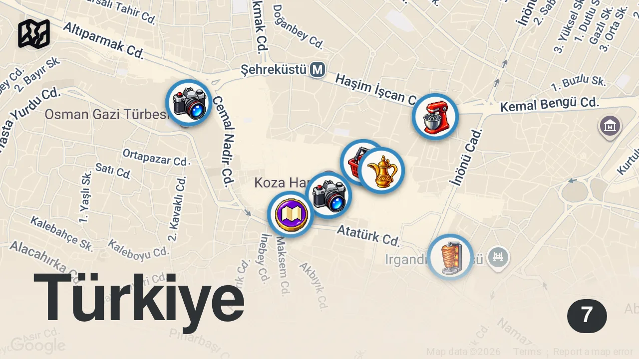 Map of 7 spots from KING of İSKENDER KEBAB - 150 Year Old TURKISH Street Food in Bursa!! BEST Street Food in Turkey 2019