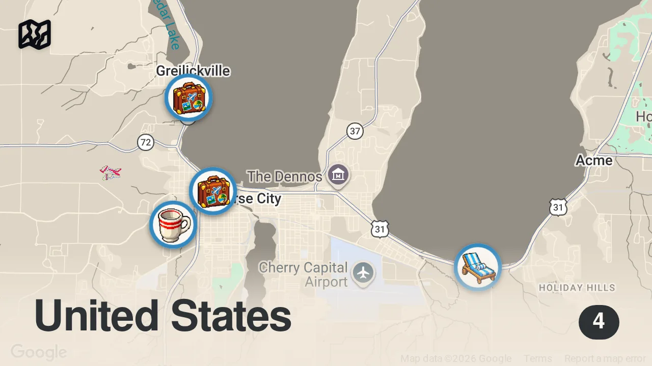 Map of 4 spots from Summer on the Great Lakes |  Sailing, Wine Tour & Delicious Food in Michigan