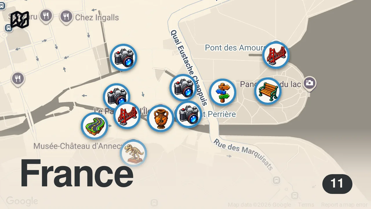 Map of 11 spots from Annecy, France 🇫🇷 Venice of the Alps - Summer Walk 2025 4K 60fps ​[Binaural ASMR]