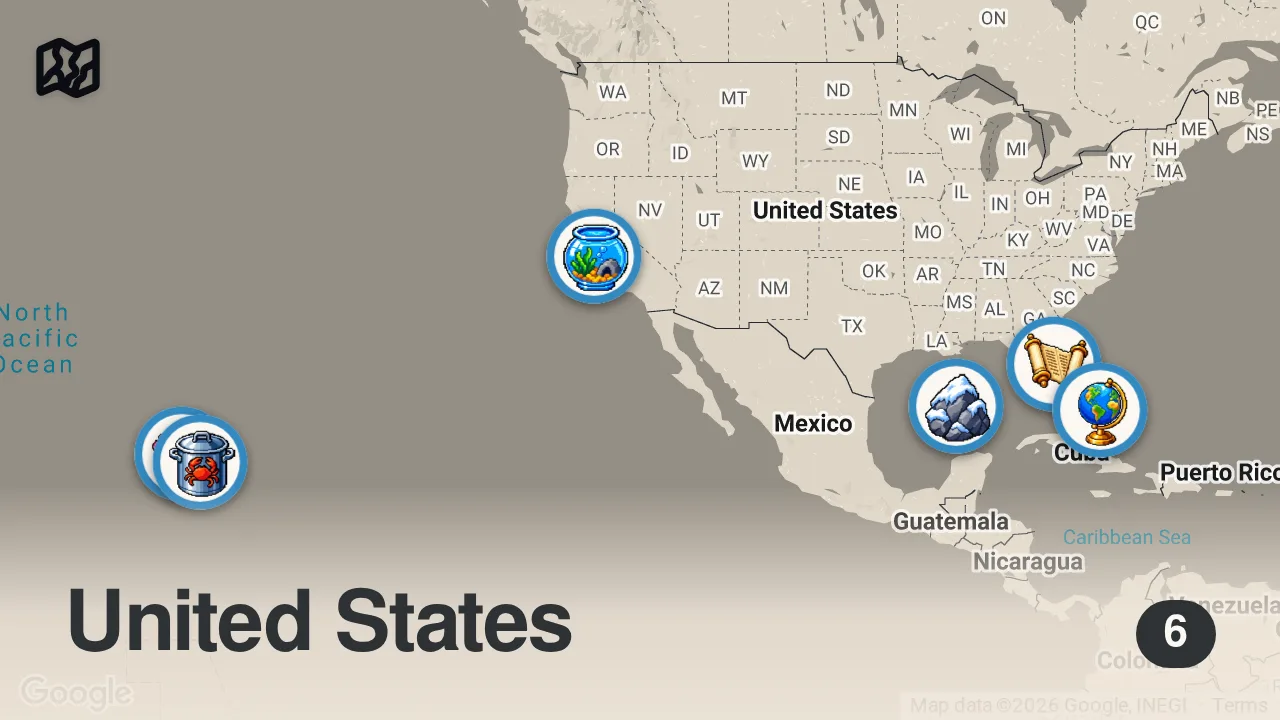 Map of 6 spots from 🔴 LIVE: Investigating Shark Attacks Around the Globe | Sharkfest Livestream | National Geographic
