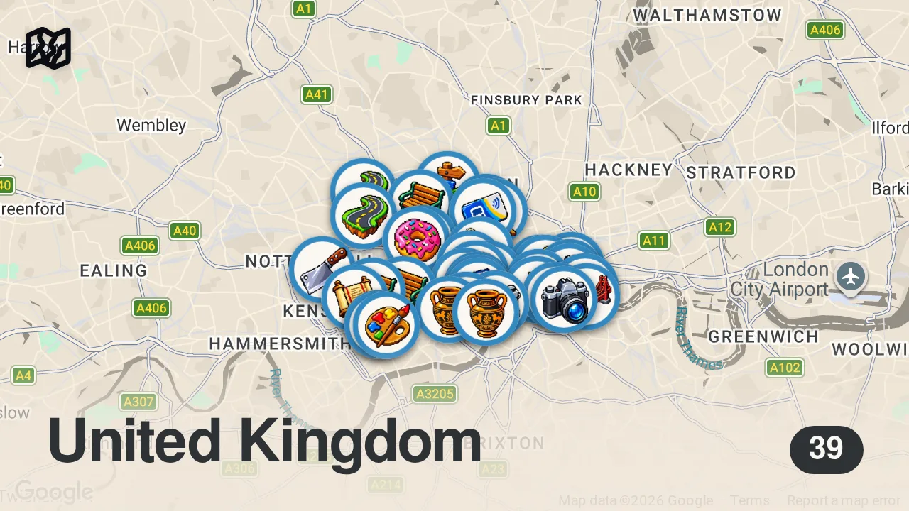 Map of 39 spots from Qué ver en Londres en 5 días | La guía más completa (2026)