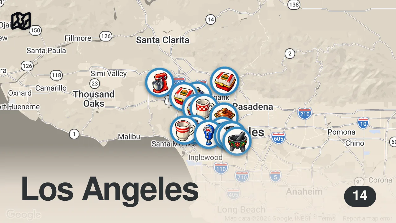 Map of 14 spots from ALL THE BEST FOOD SPOTS IN LA (PART 2)