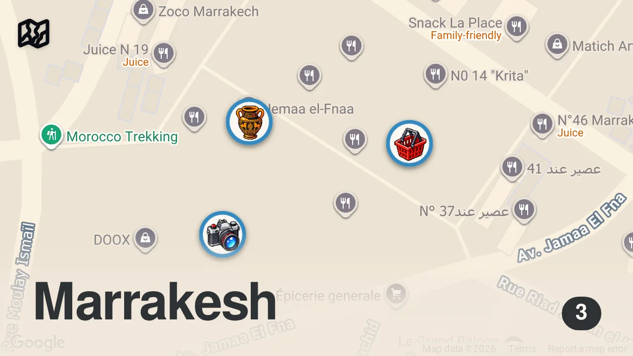 Map of 3 spots from Moroccan Street Food 🇲🇦 Night Market Tour in Marrakesh, Morocco (Jema El Fnaa Square)