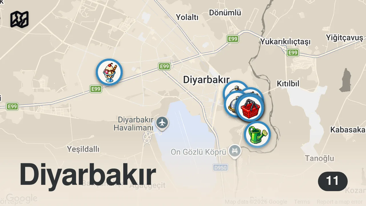 Map of 11 spots from DİYARBAKIR LEZZET REHBERİ - Ayaküstü Lezzetler
