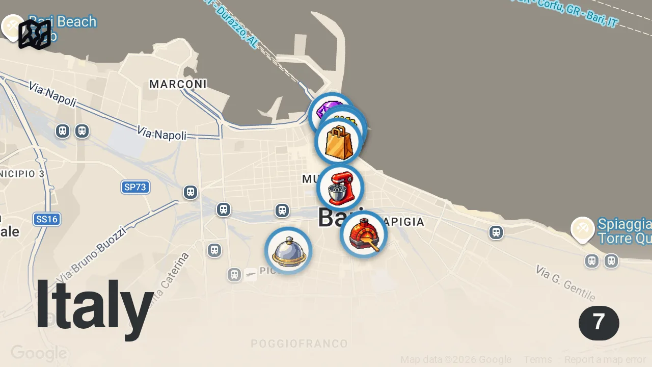 Map of 7 spots from 24H Of Italian Food In BARI - Ultimate Street Food Tour & Surprises 🇮🇹