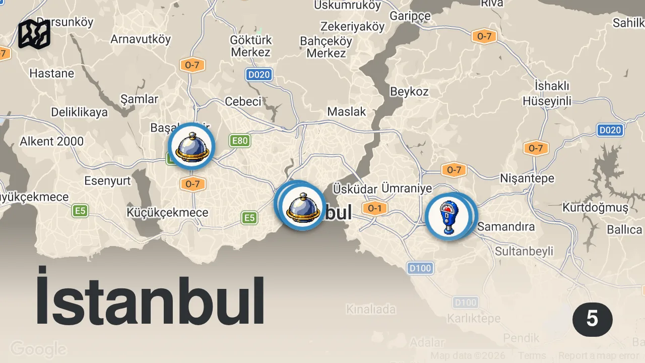 Map of 5 spots from INSANE Street Food in ISTANBUL, Turkey - WHOLE LAMB BBQ + Turkish street food in Istanbul, Turkey