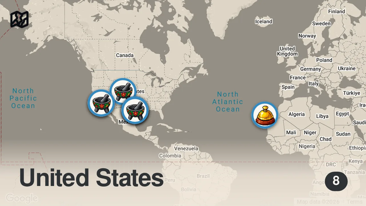 Map of 8 spots from I Tested America's Worst 1-Star Fast Food