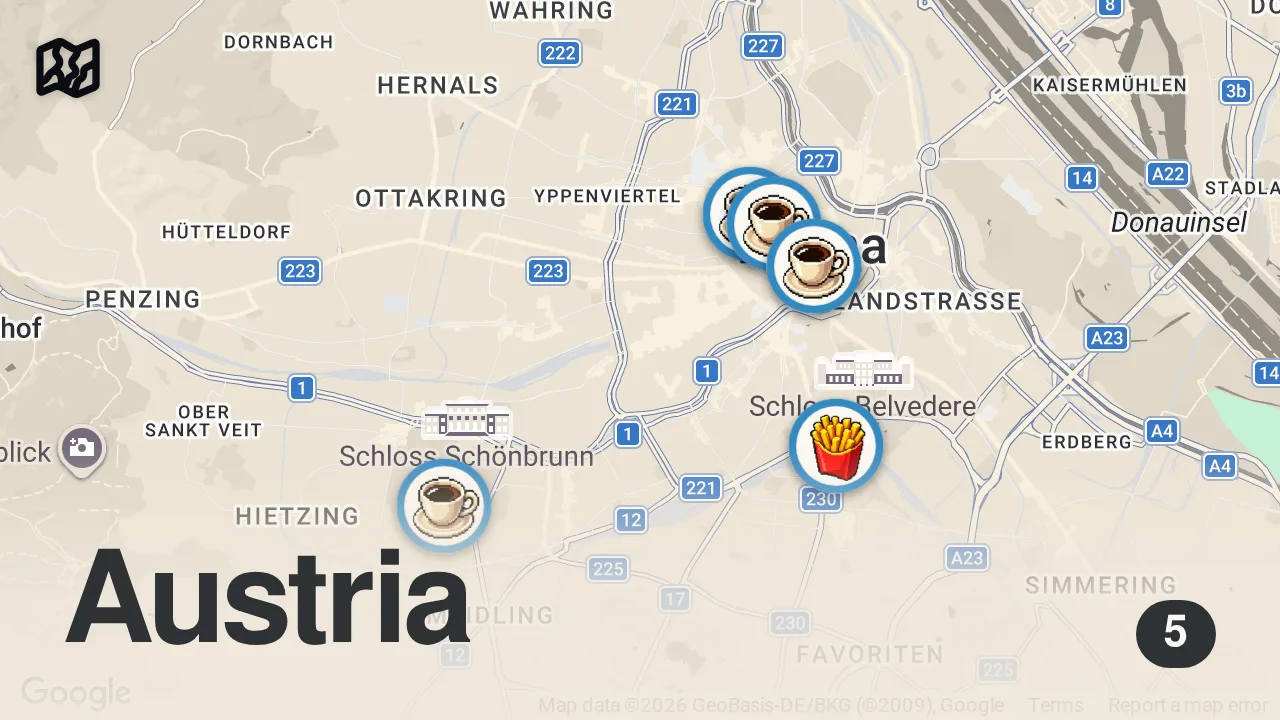 Map of 5 spots from 5 Famous Coffeehouses in Vienna & Viennese Coffeehouse culture