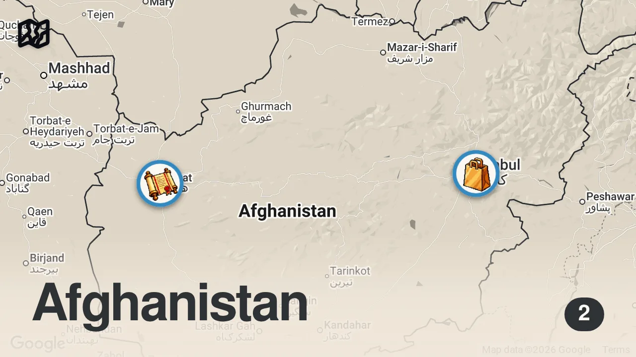 Map of 2 spots from A Day In Kabul Under Taliban (extreme travel) — Antique Shops In Afghanistan 🇦🇫