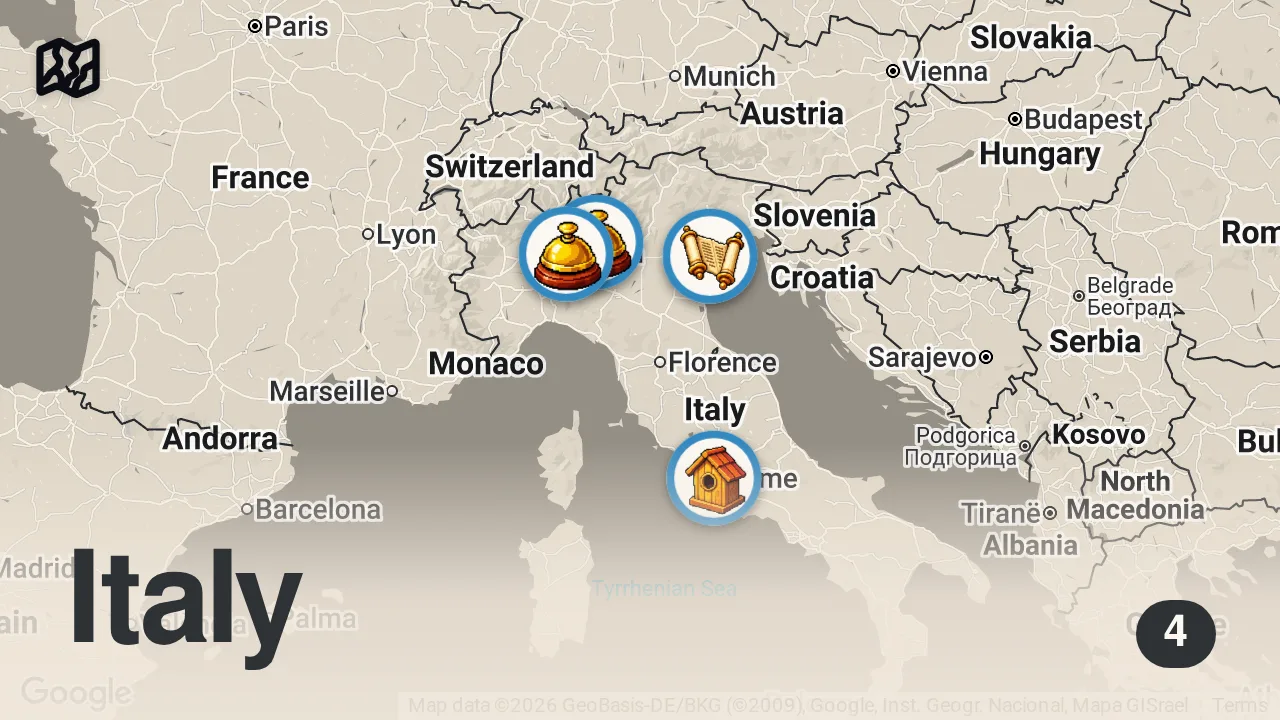 Map of 4 spots from Italy Budget Travel Tips