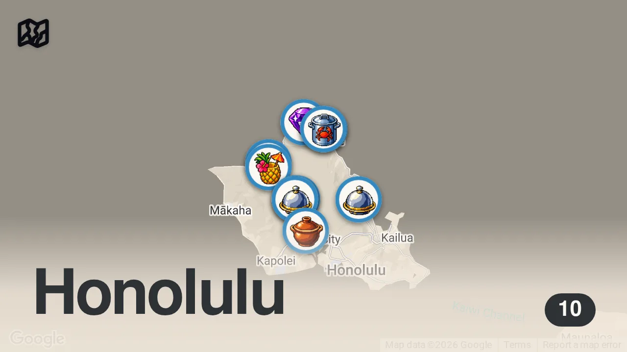 Map of 10 spots from ULTIMATE FOOD TOUR on Oahu's North Shore & Central Oahu! 10 Best Eats And Old School HAWAII Diners