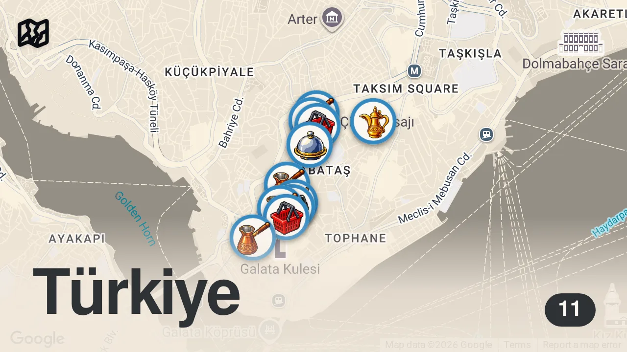 Map of 11 spots from EŞSİZ BEYOĞLU LEZZET REHBERİ
