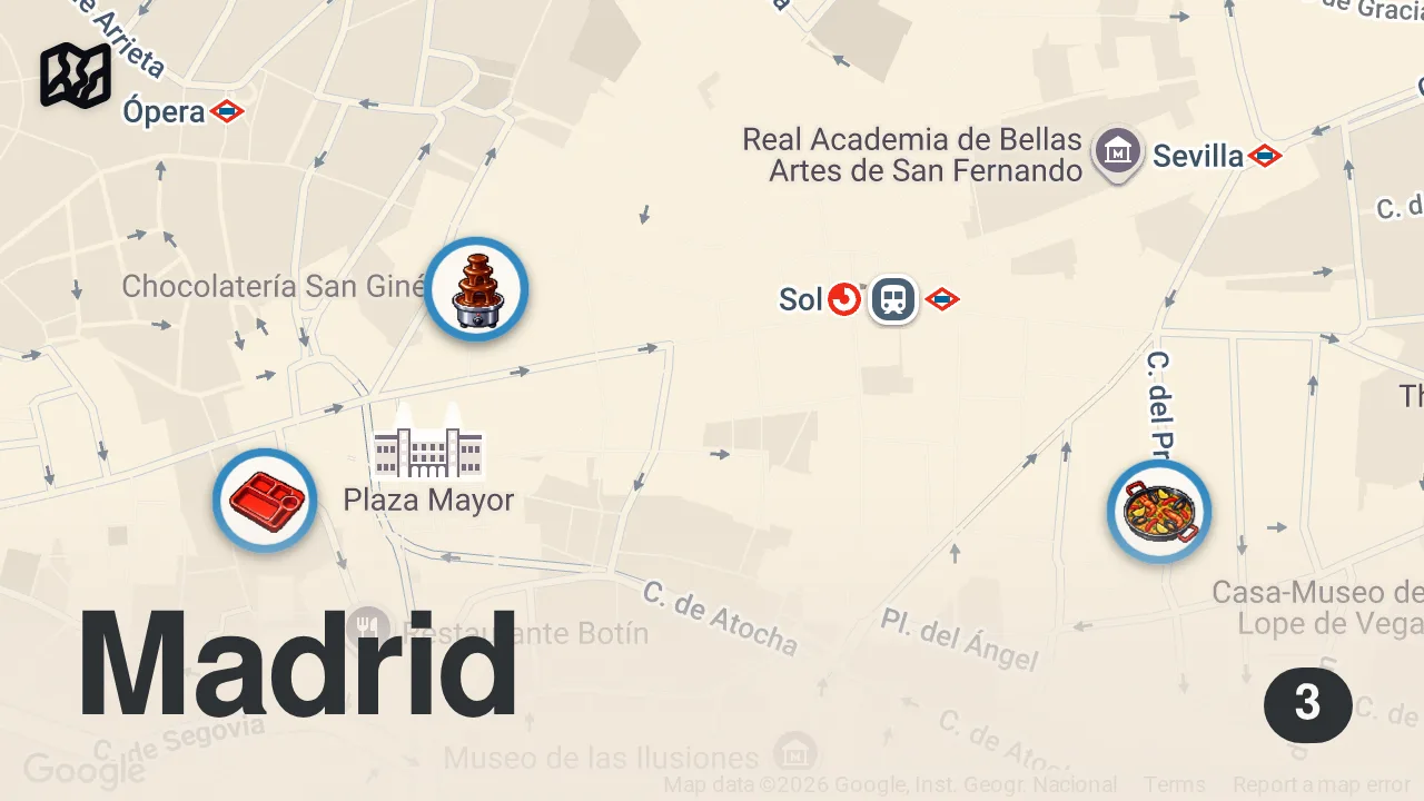 Map of 3 spots from PROBANDO COMIDA CALLEJERA en ESPAÑA 🇪🇦🥵