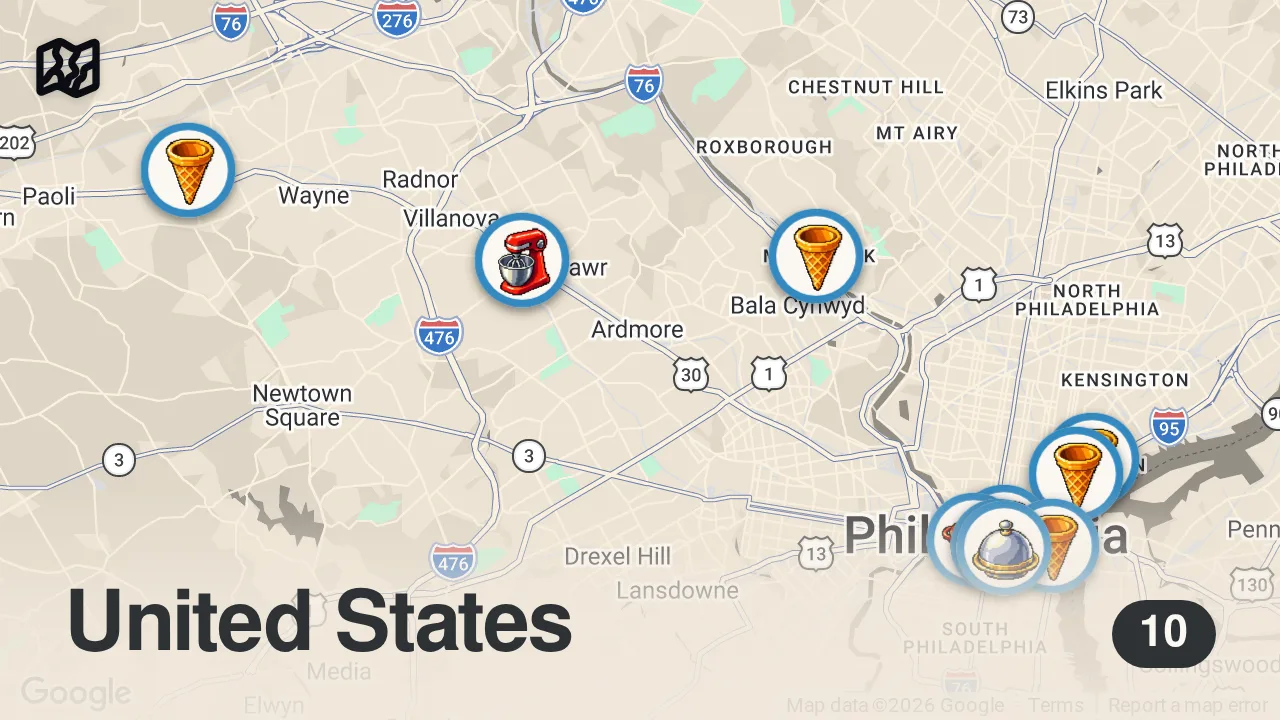Map of 10 spots from Ice Cream Spots in Philadelphia
