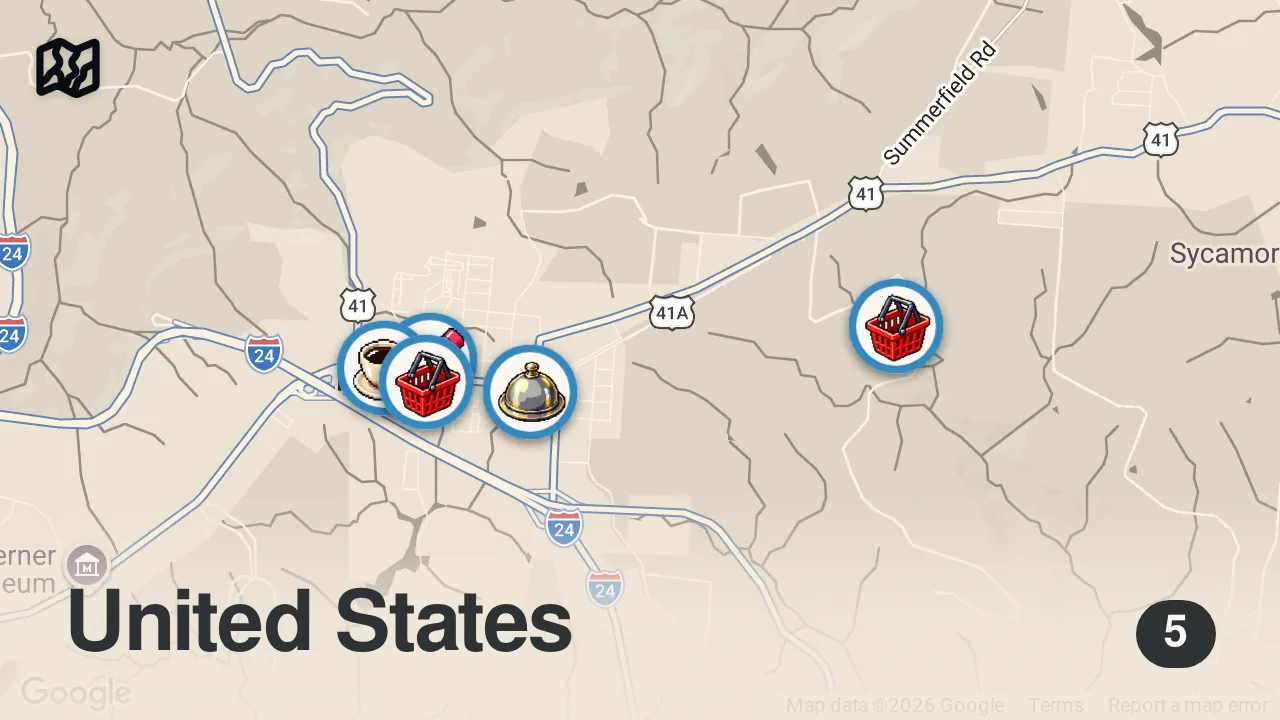 Map of 5 spots from Eating in Tennessee Smallest Towns... (Monteagle, TN)