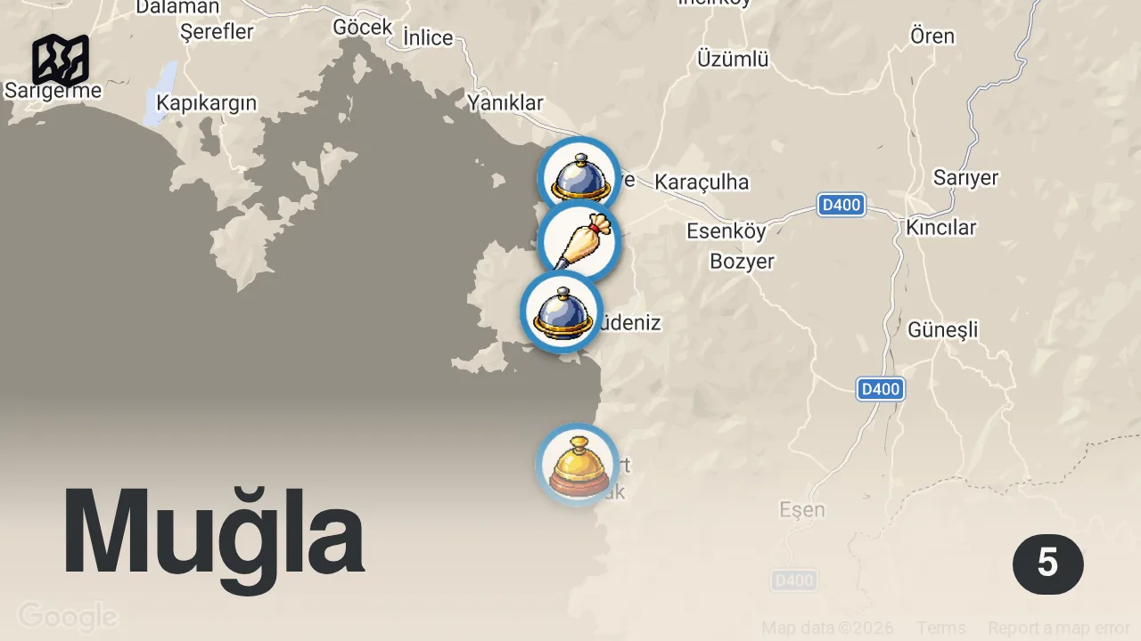 Map of 5 spots from FETHİYE LEZZETLERİ | Meyve Bahçesinde Kahvaltı, Şahane Esnaf Lokantası, Gün Batımında Akşam Yemeği