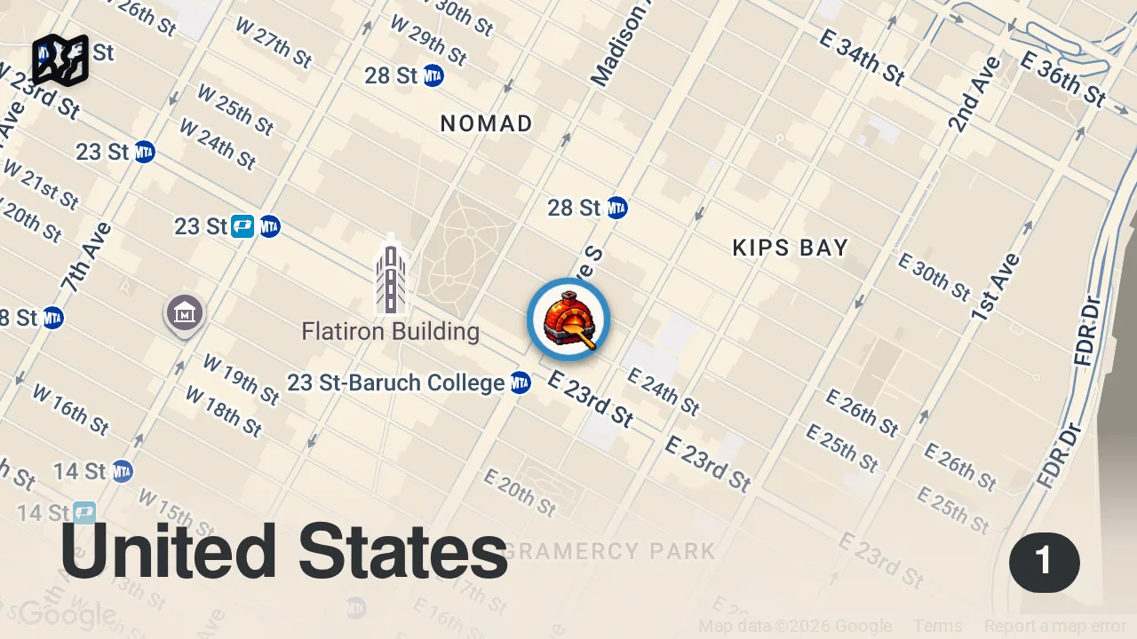 Map of 1 spot from How Master of Molecular Gastronomy Wylie Dufresne Brings Science to Pizza — ICONS: Pizza