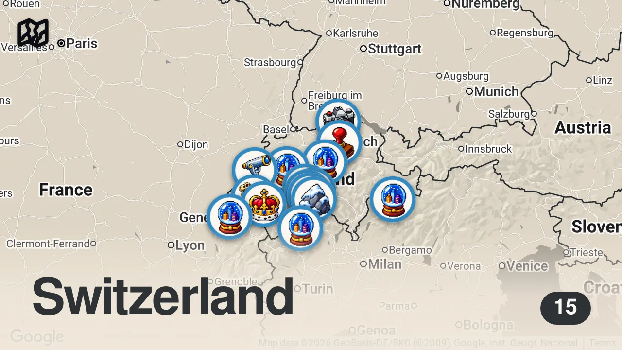 Map of 15 spots from Suisse : 15 lieux sublimes à découvrir | Voyage cinématographique
