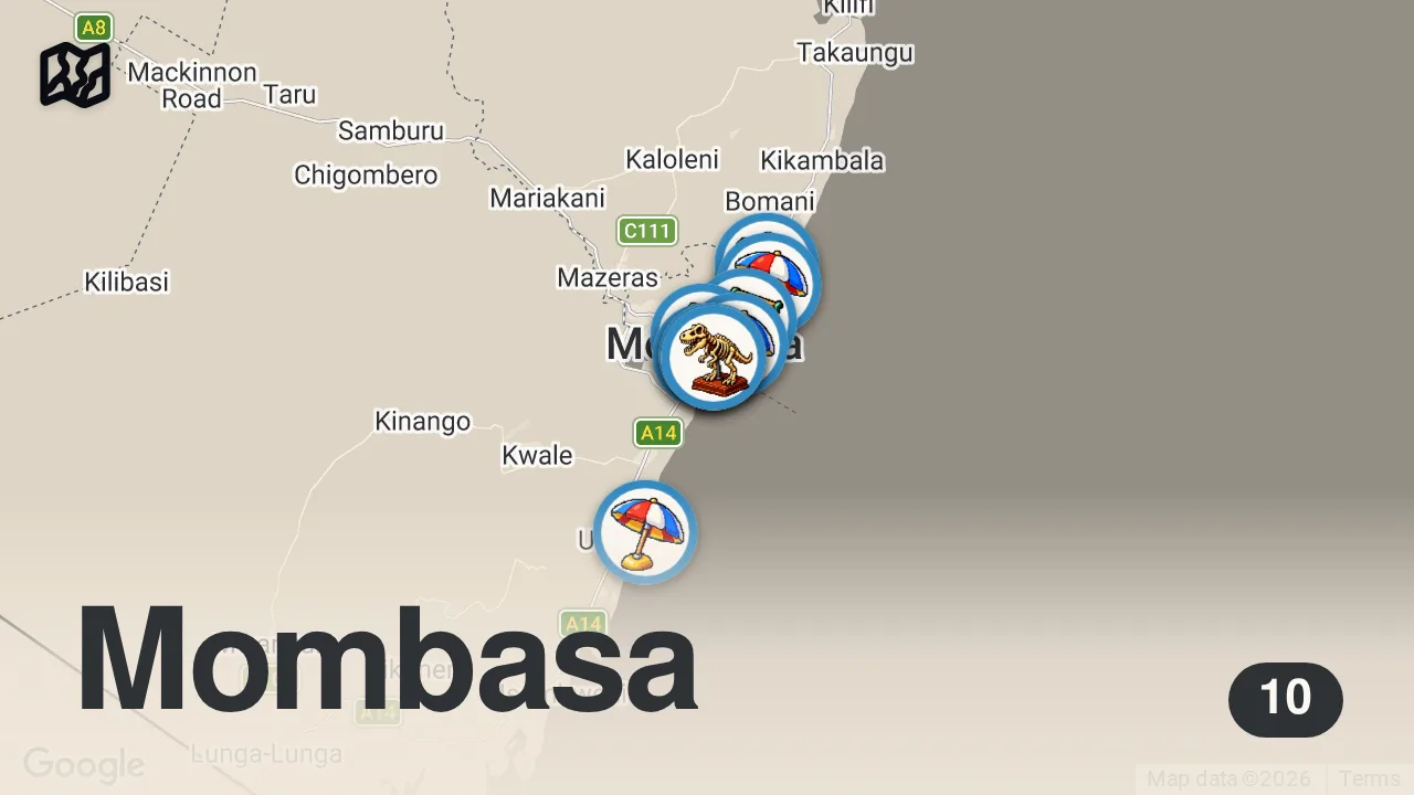Map of 10 spots from Eating Everything I Can Chew In Mombasa's Biggest Market, Kenya ๐ฐ๐ช