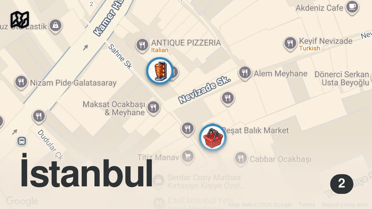 Map of 2 spots from Beyoğlu’nda gecenin yıldızı: %100 kuzudan, incecik ve kıtır Urfa lahmacunu. Tek kelimeyle mükemmel.