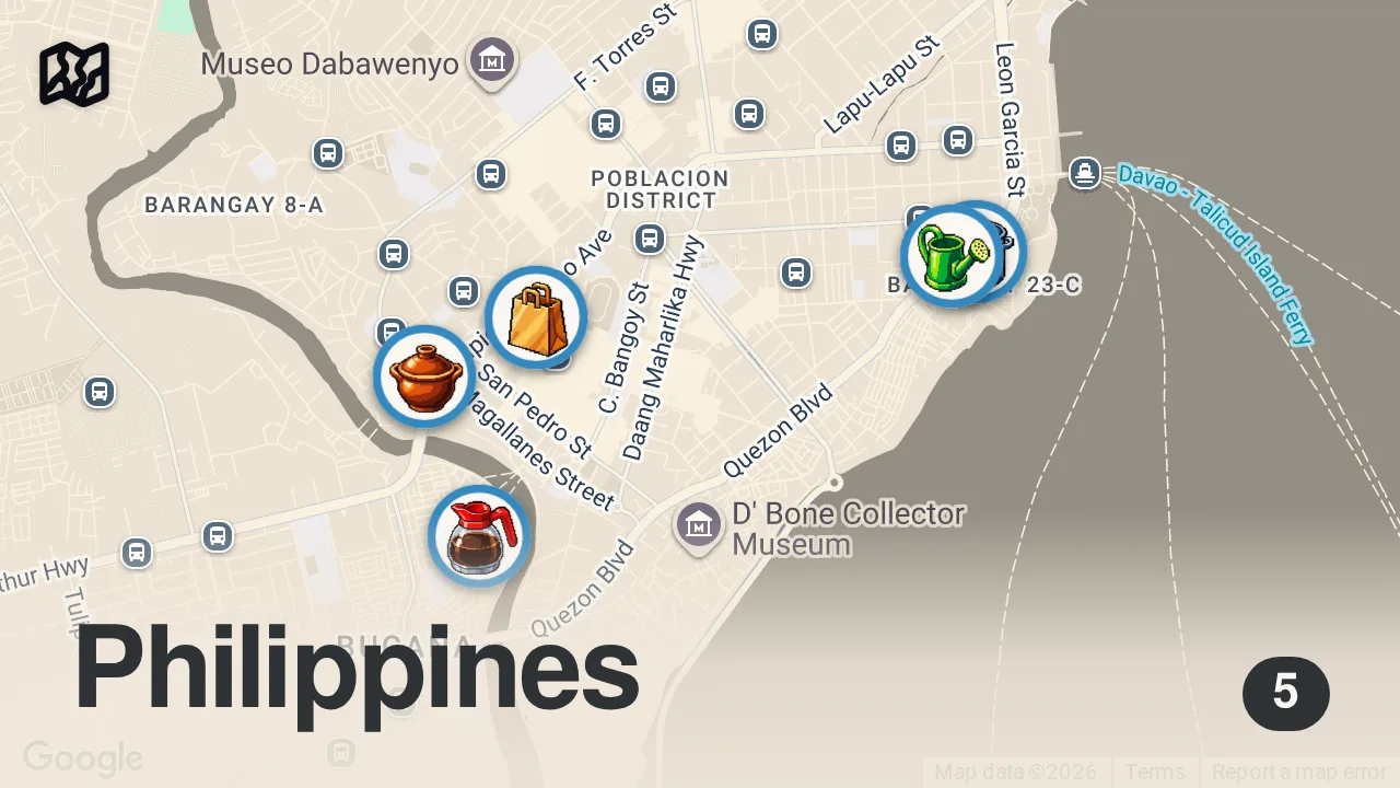 Map of 5 spots from Philippines TOP 5 STREET FOODS in Davao City - Will Blow Your Mind!! 🇵🇭 Mindanao, Philippines!!