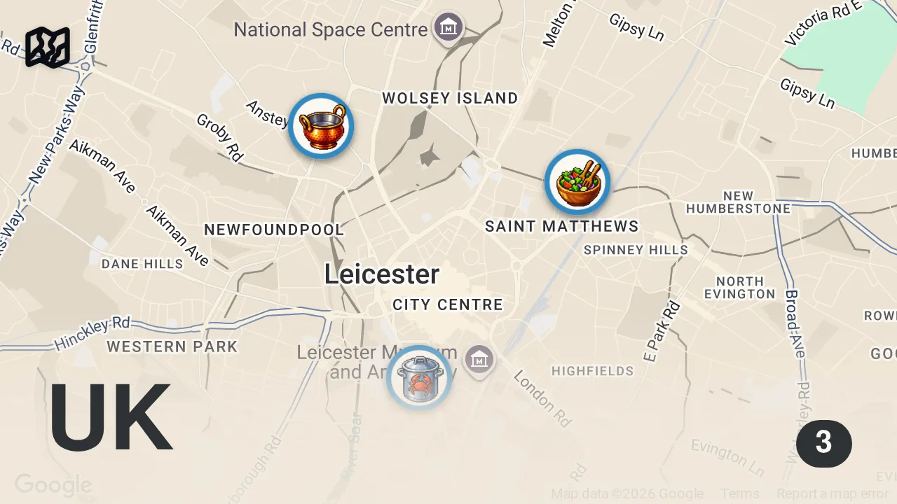 Map of 3 spots from Trying Leicester's most VIRAL food spots