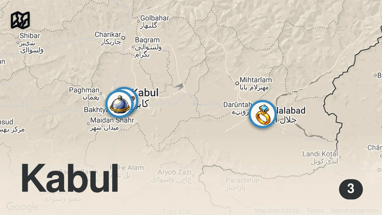 Map of 3 spots from Inside Afghanistan's MEAT Paradise!! (Unreal Afghan Food)
