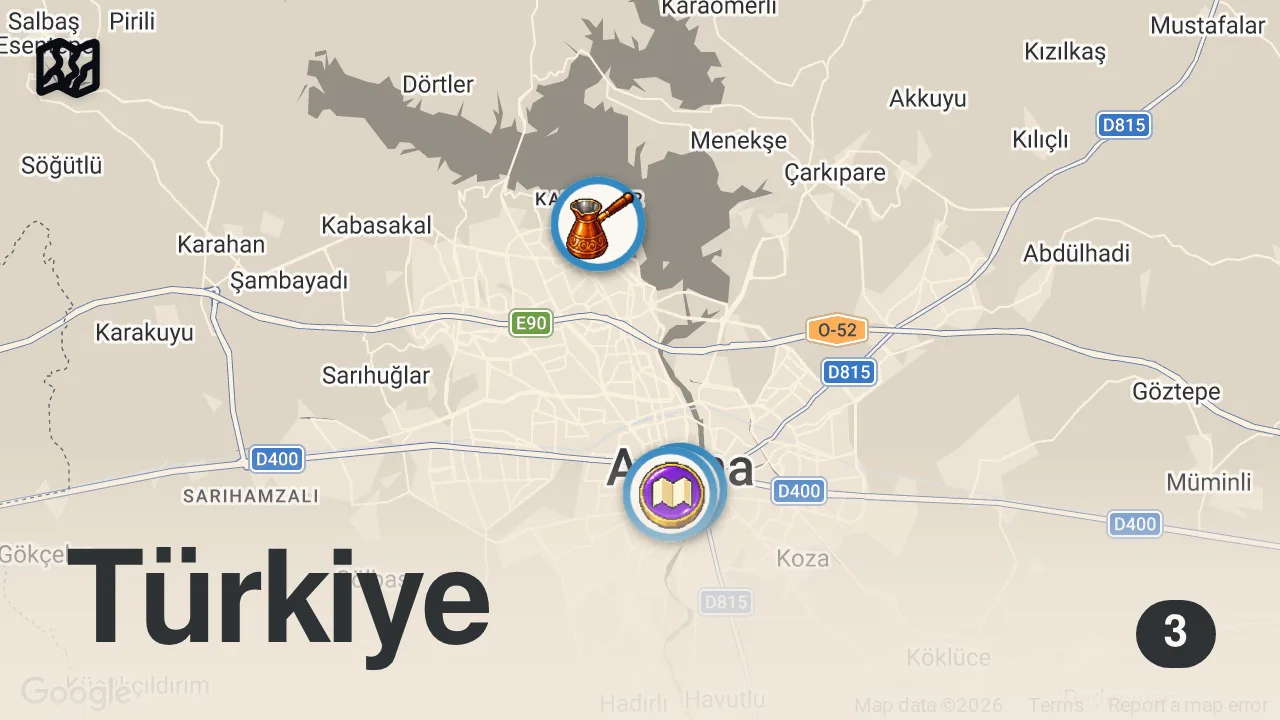 Map of 3 spots from 10 BEST TURKISH FOODS From ADANA, TURKEY! FIRST IMPRESSIONS of ADANA in TURKIYE