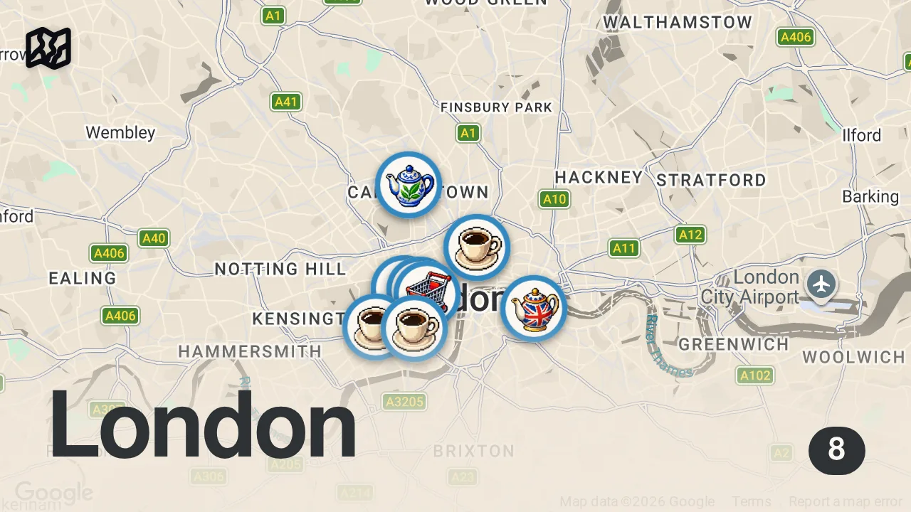 Map of 8 spots from Finding the Best Cup of Tea in London